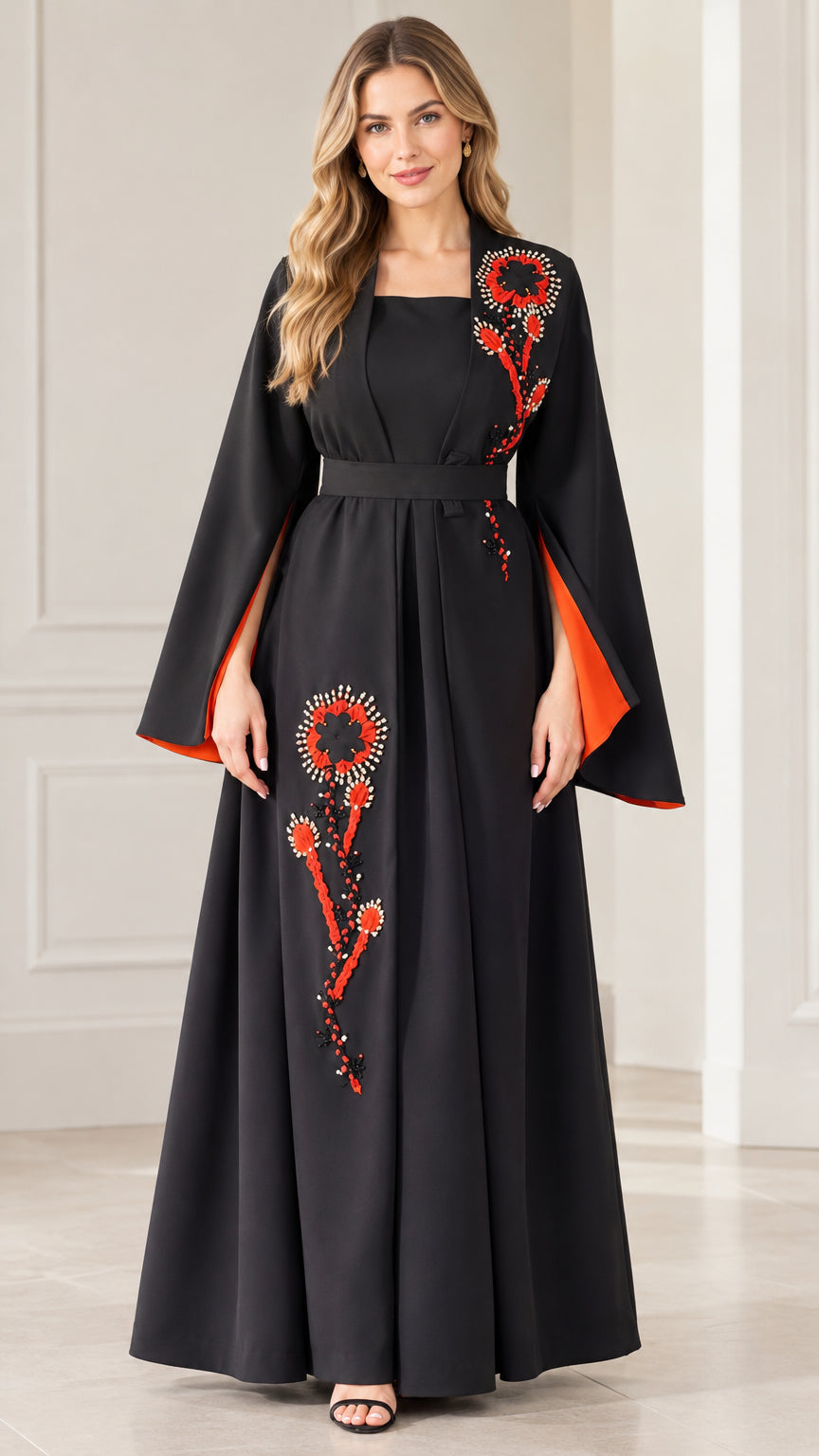 Front full-length view of woman wearing Black floral embroidered bell sleeve maxi dress