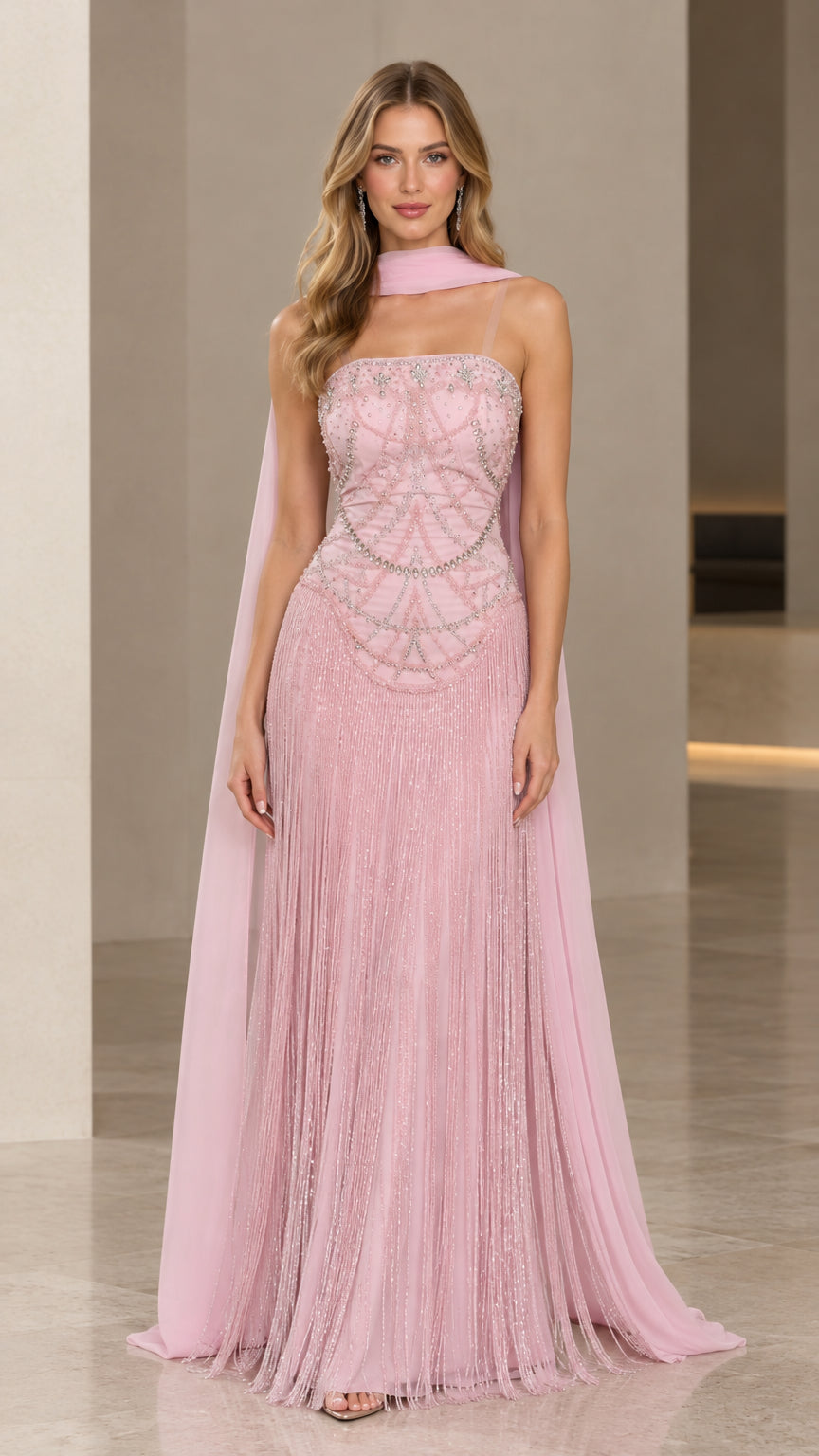 Front full view of Blush Pink beaded fringe maxi evening gown with neck scarf cape