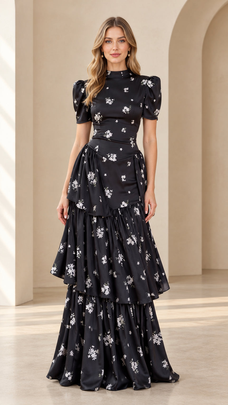 Front view of model wearing black floral print puff sleeve tiered maxi dress