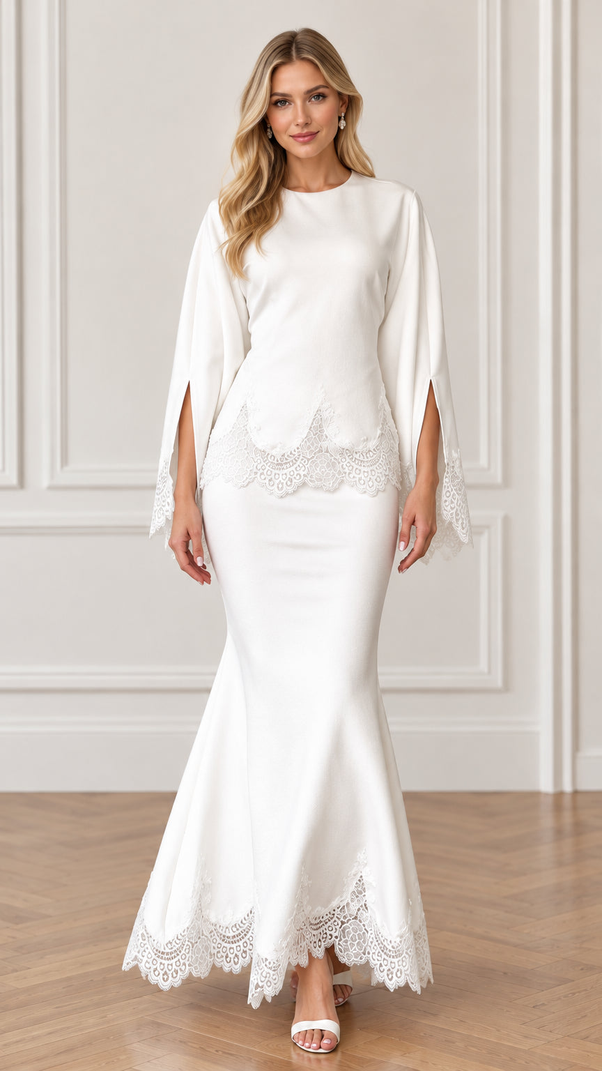 Front full-length view of white scalloped lace slit-sleeve mermaid maxi dress