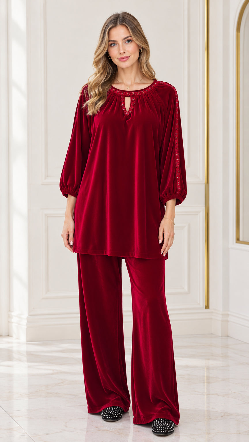 Front view of woman wearing Wine Red velvet 2-piece tunic and wide-leg pant set