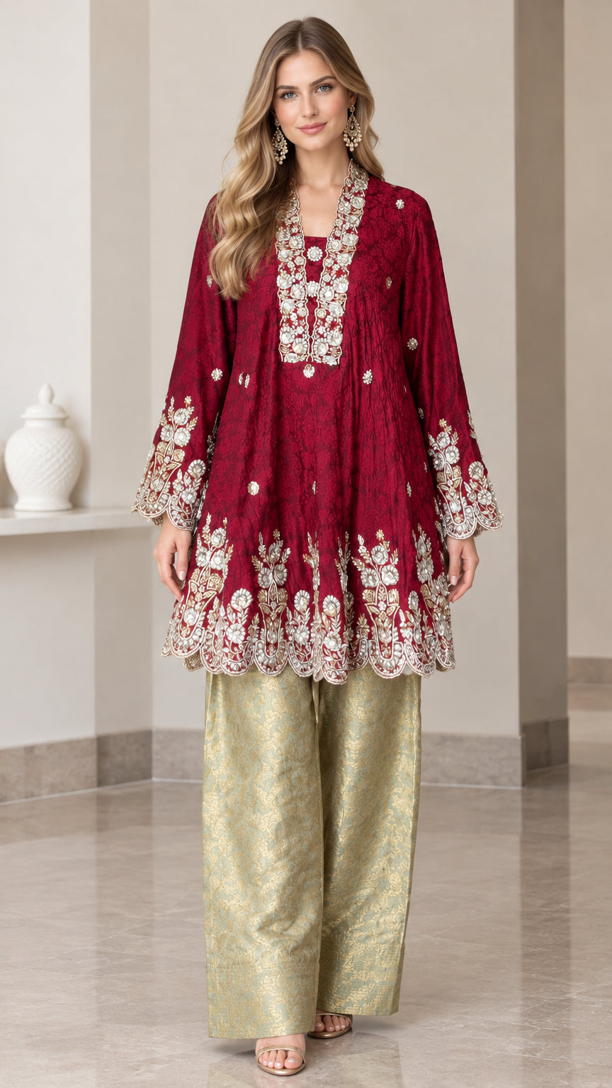 Front view of model wearing burgundy embroidered flared tunic top with wide-leg pants