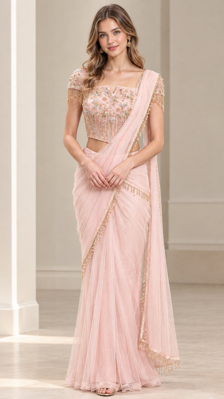 Front view of blush pink pre-draped saree set with embroidered corset top