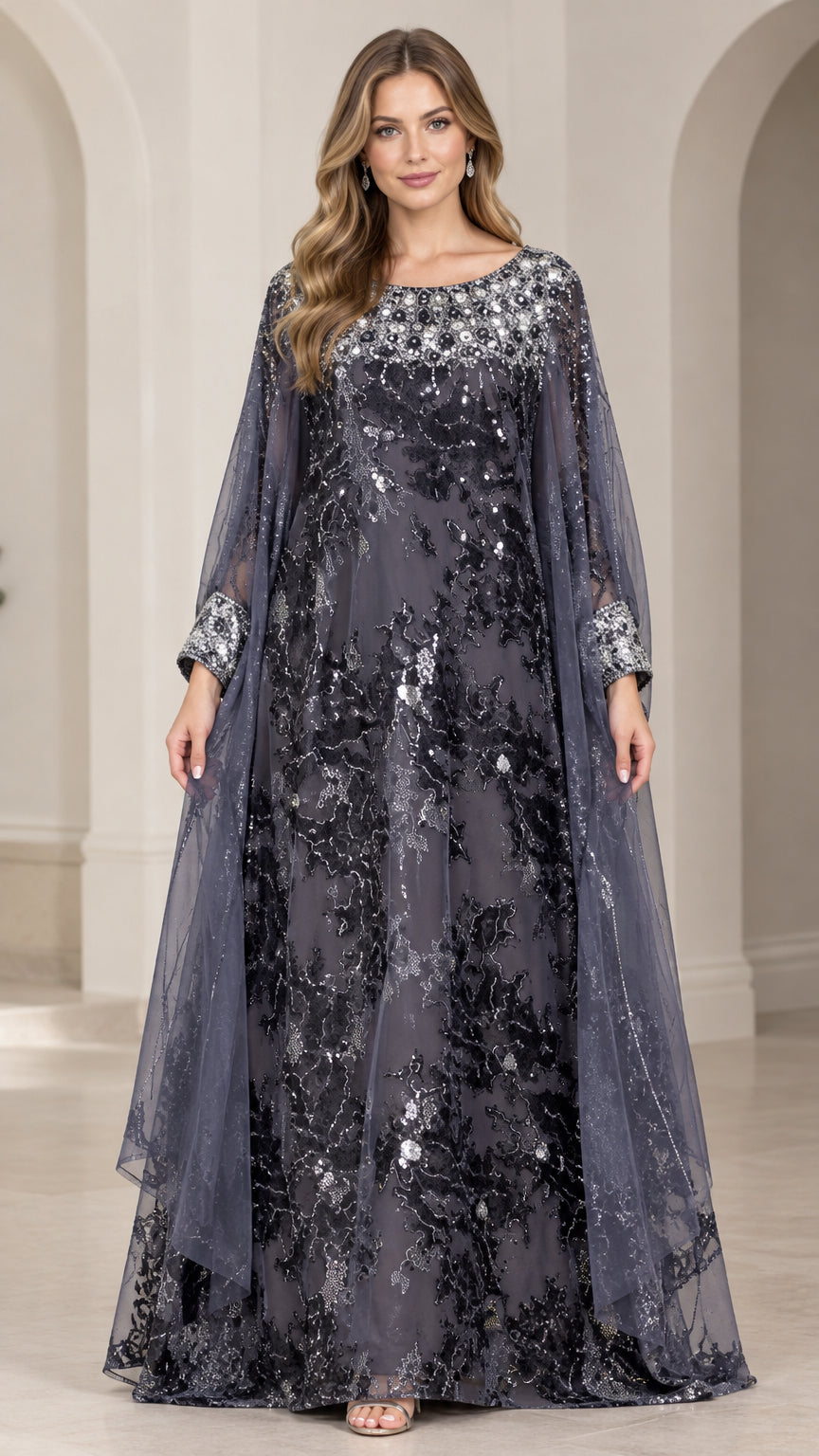 Front view of model wearing charcoal grey sequin cape sleeve evening gown