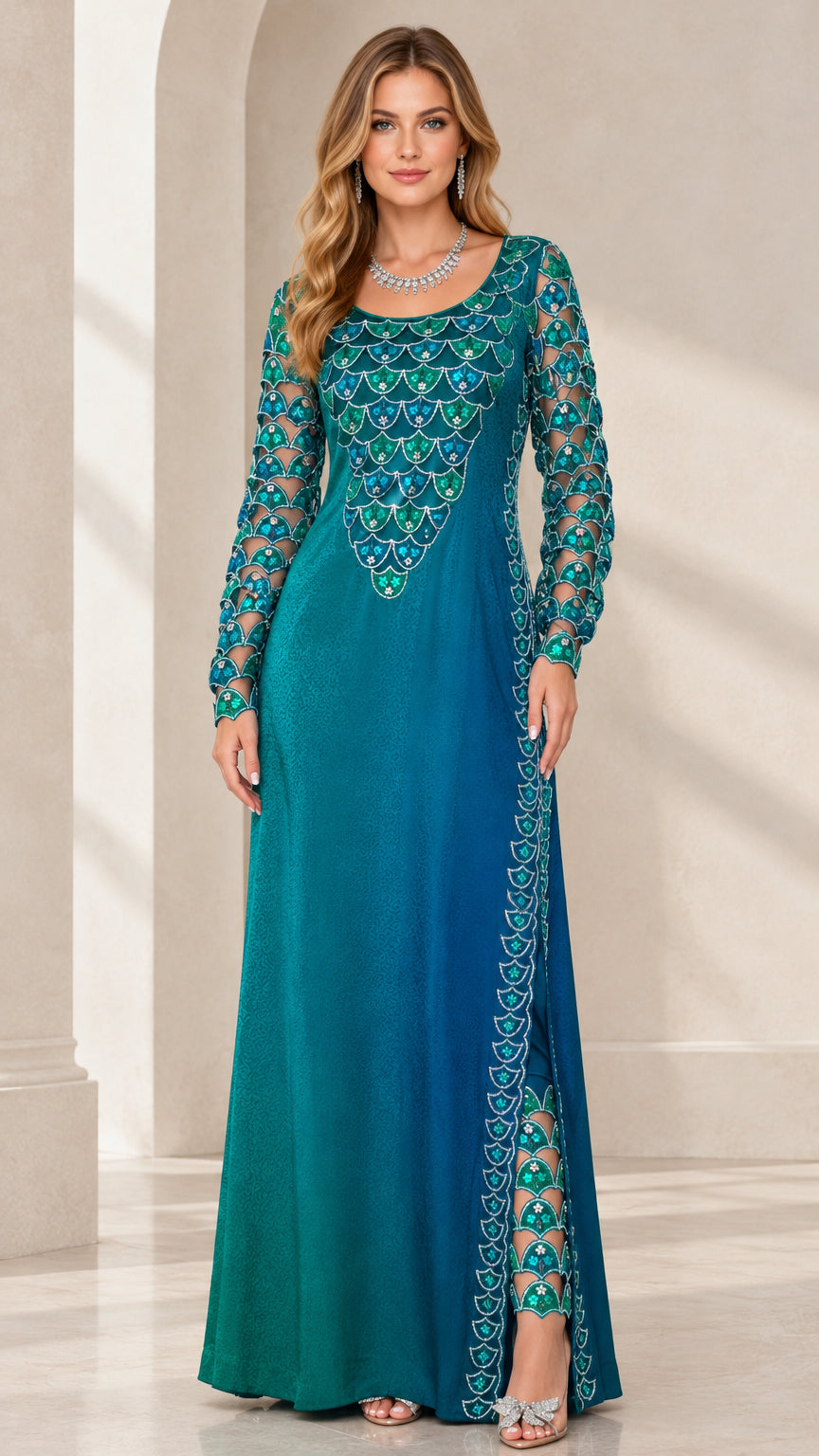 Front view of woman wearing teal blue sequin scalloped long sleeve maxi evening gown