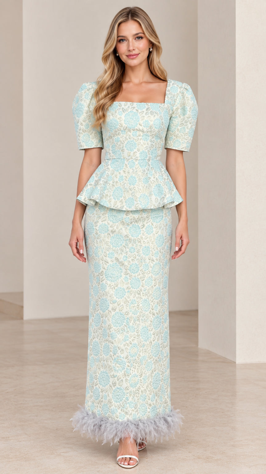 Front full view of Ice Blue floral jacquard peplum maxi dress with feather hem