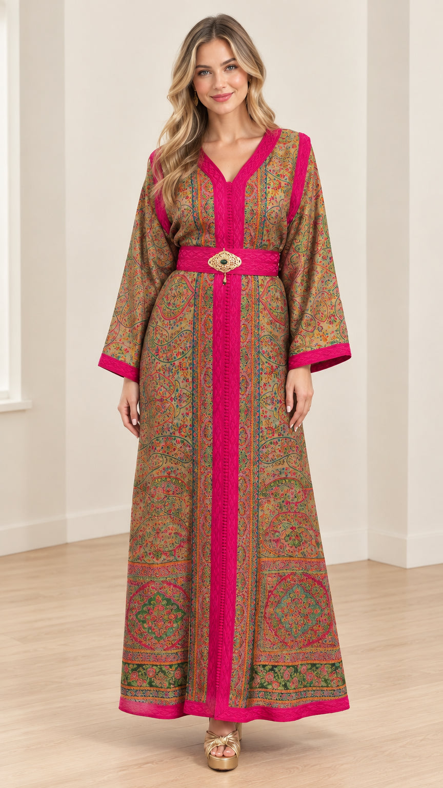 Front view of woman wearing olive tan paisley belted maxi kaftan dress with magenta trim