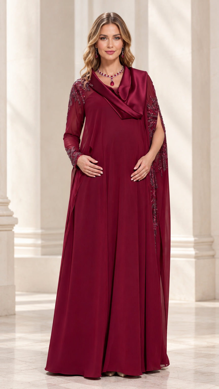 Burgundy floor-length evening gown with satin cowl neck and beaded cape sleeves front view