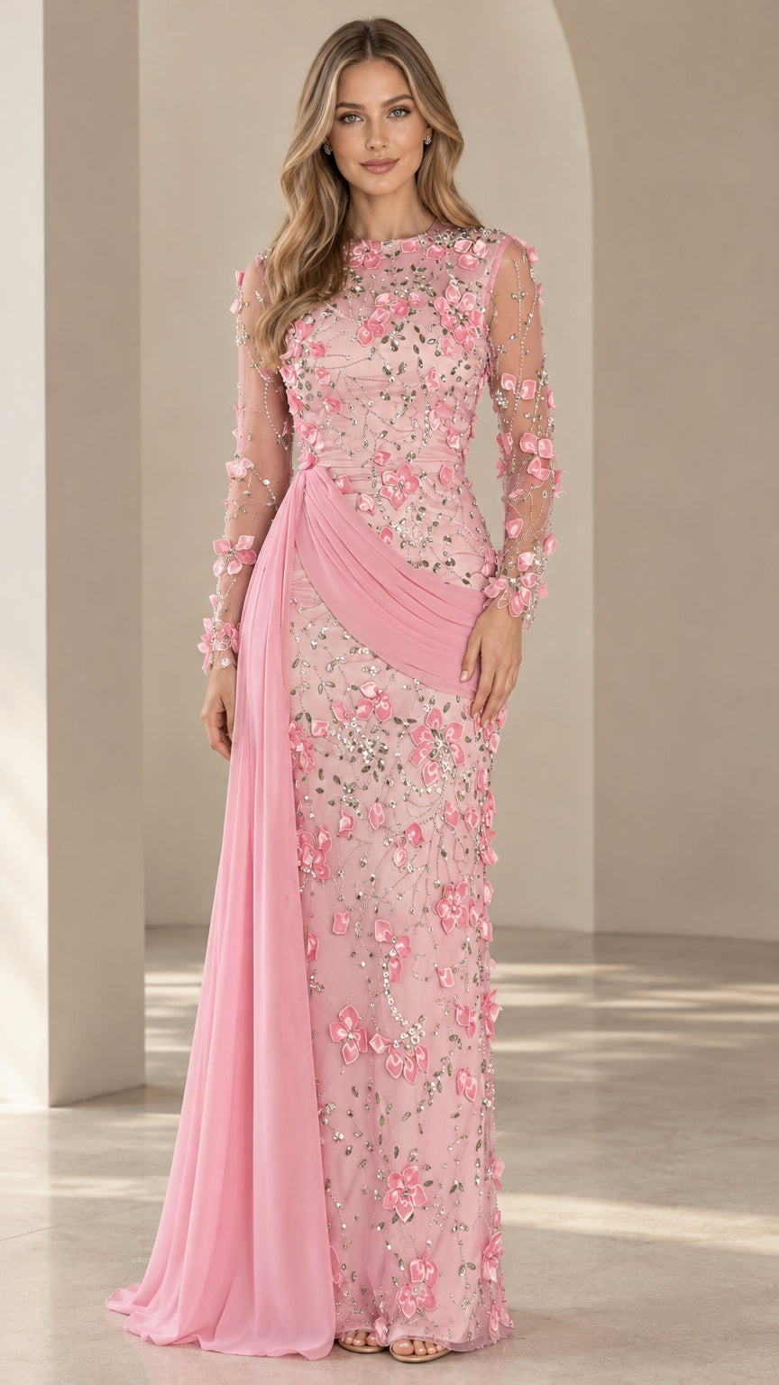Front full view of Blush Pink 3D floral applique long sleeve evening gown with side drape