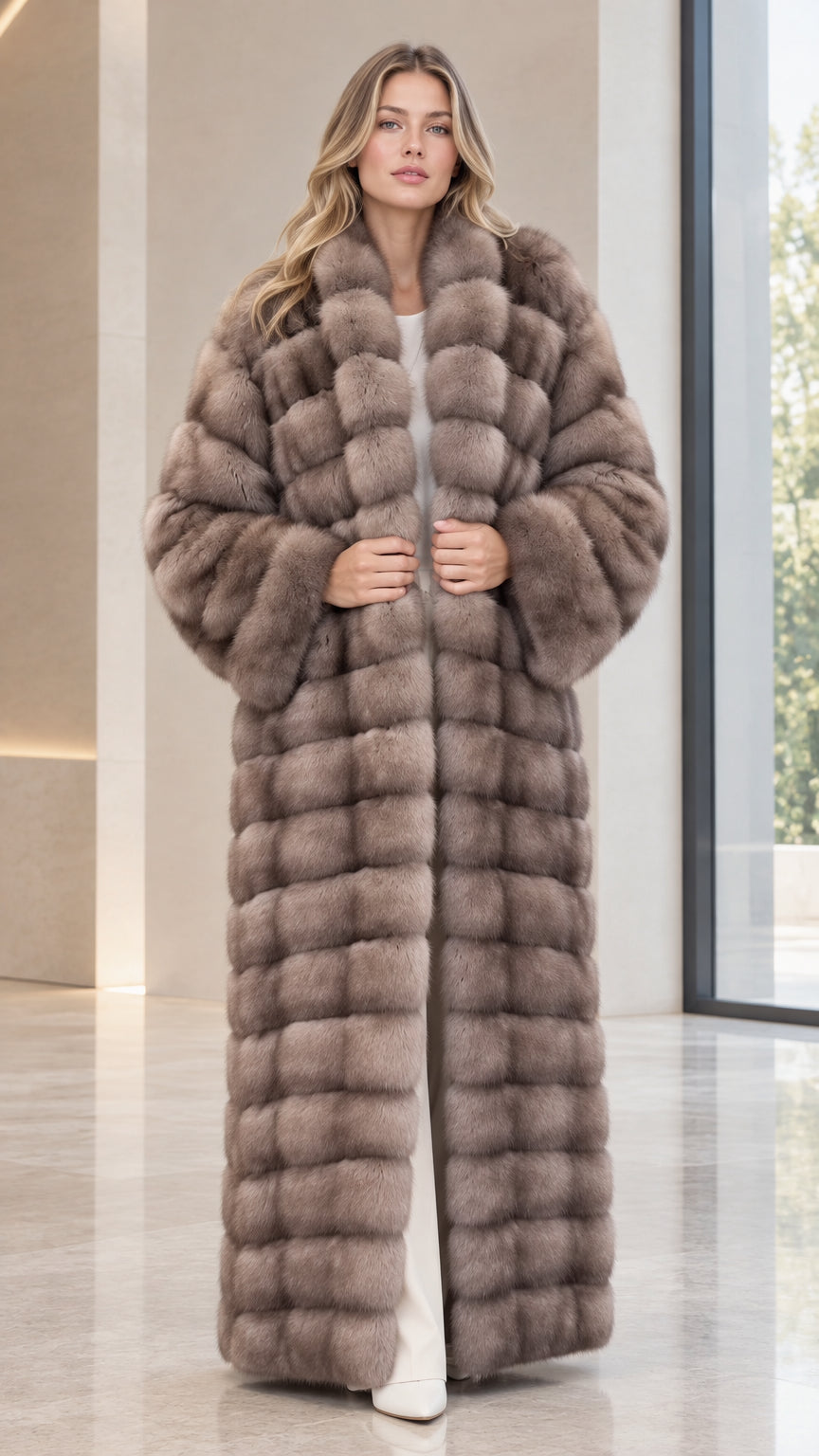 Front full-length view of woman wearing taupe paneled faux fur maxi coat