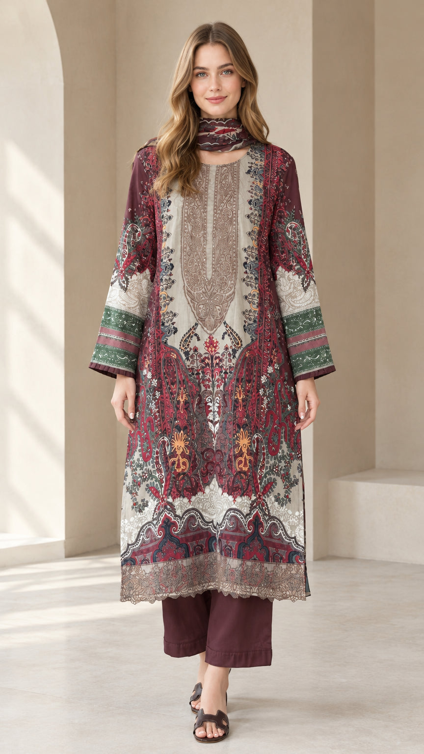 Front view of model wearing burgundy paisley printed tunic set with pants and scarf