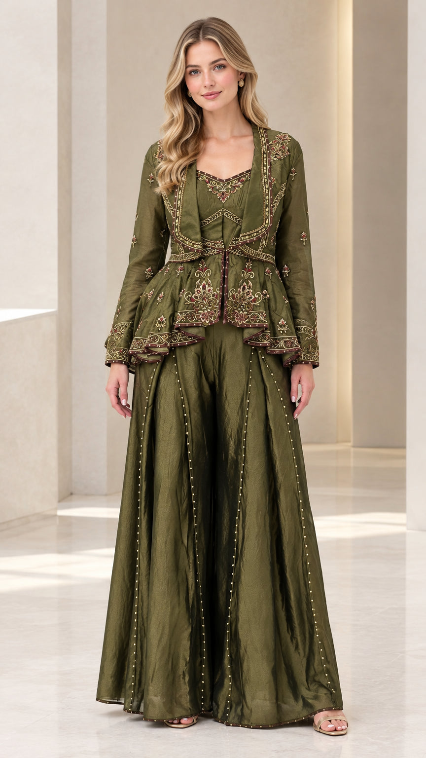 Front full-length view of woman wearing olive green embroidered peplum jacket and wide-leg pants