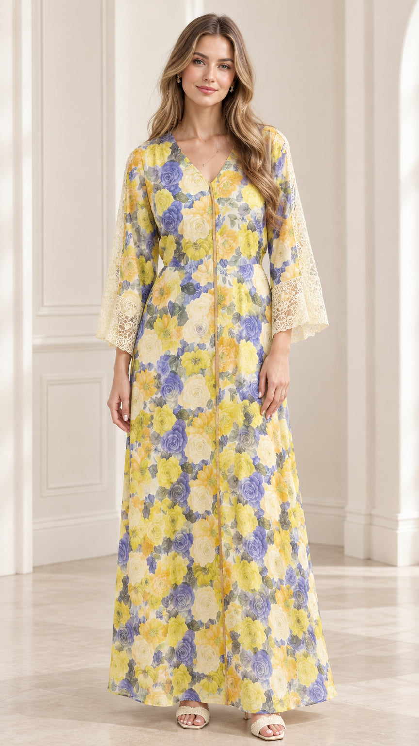 Front full-length view of model wearing Yellow Floral V-neck maxi dress with lace bell sleeves