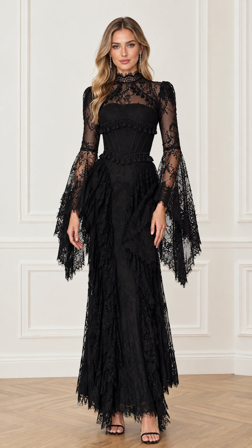 Front full-length view of the black floral lace corset maxi dress with bell sleeves
