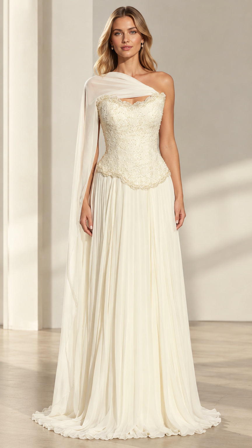 Front view of model wearing ivory beaded lace evening dress with chiffon cape
