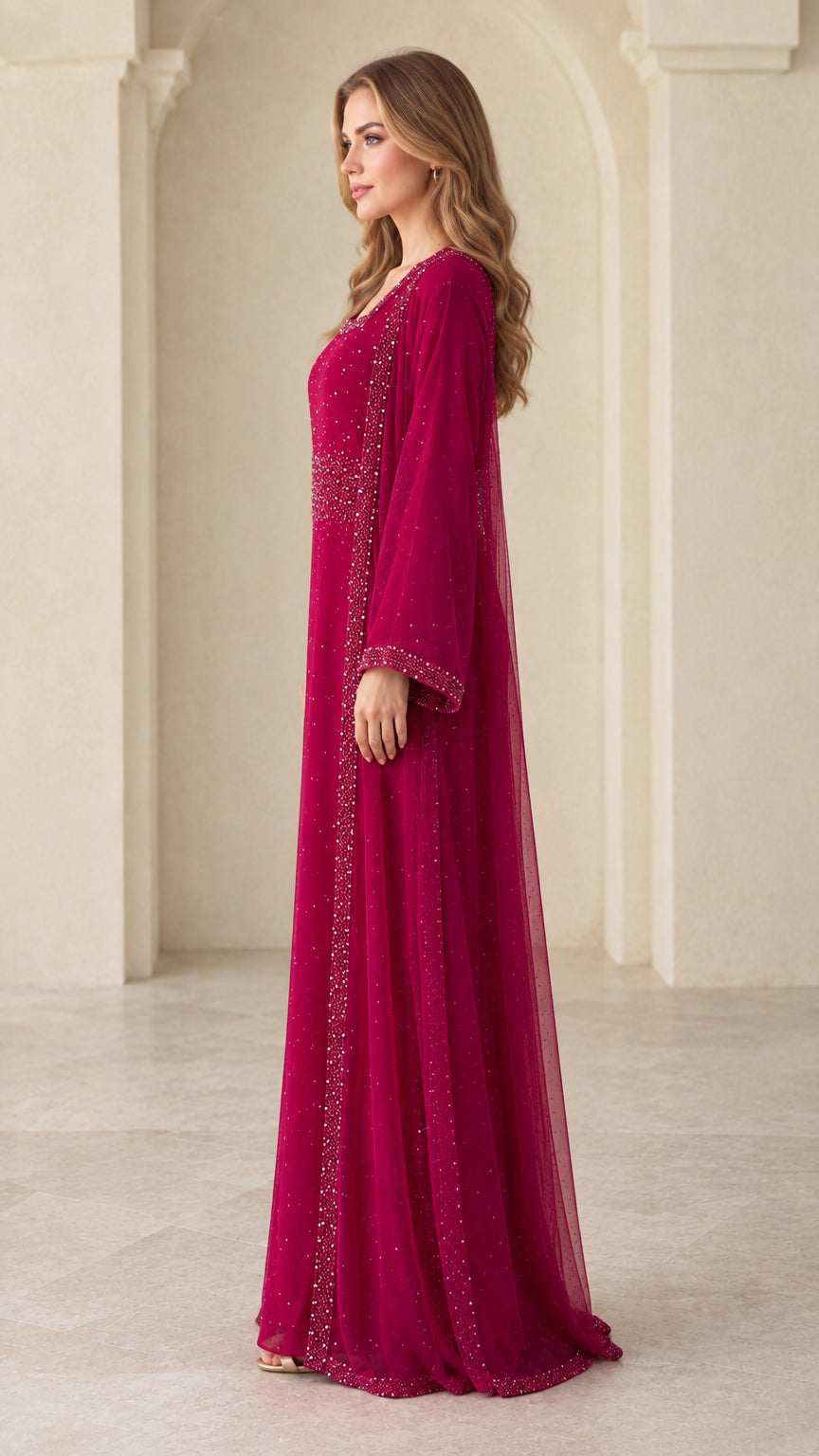Side profile view of woman modeling berry long sleeve evening abaya gown