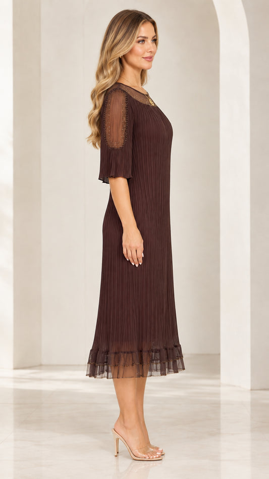 Side profile view of woman modeling Coffee Brown pleated midi dress with half sleeves