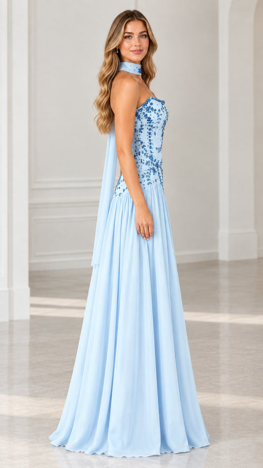 Side view of light blue strapless A-line evening dress with drop waist