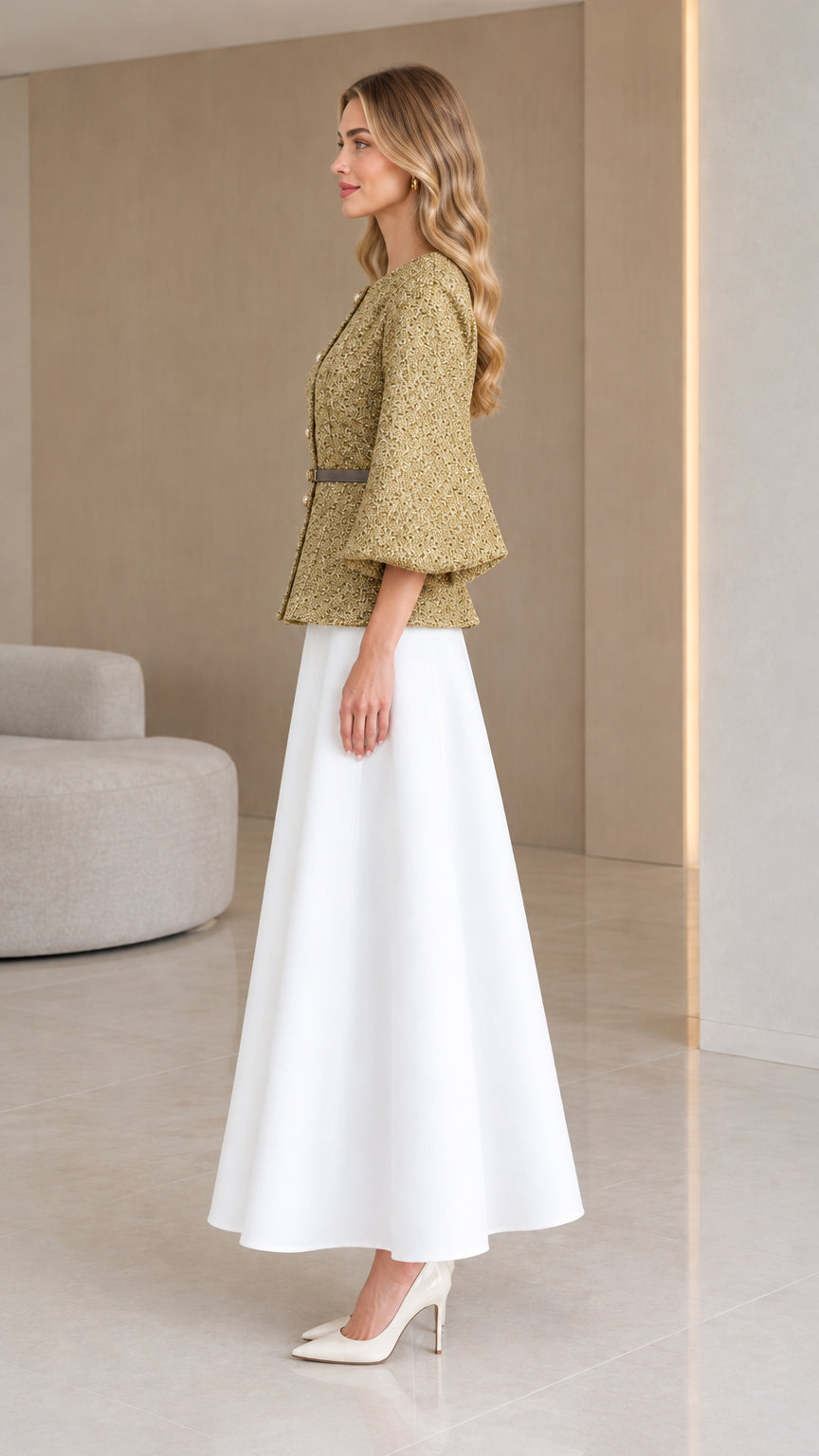 Olive green textured tweed jacket with slim belt and flare sleeves - side profile view