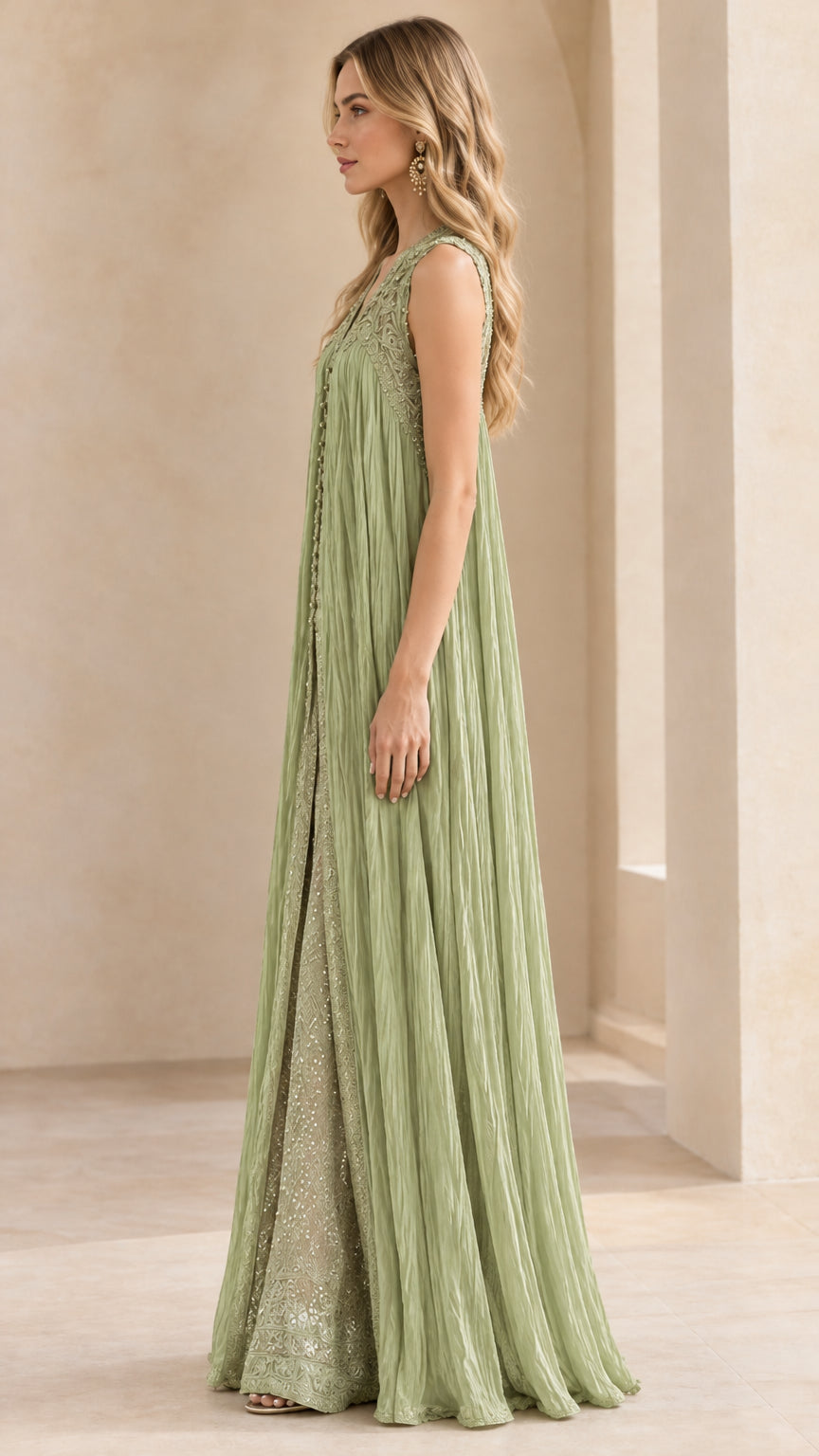 Side profile of woman in sage green formal two piece tunic and pants outfit