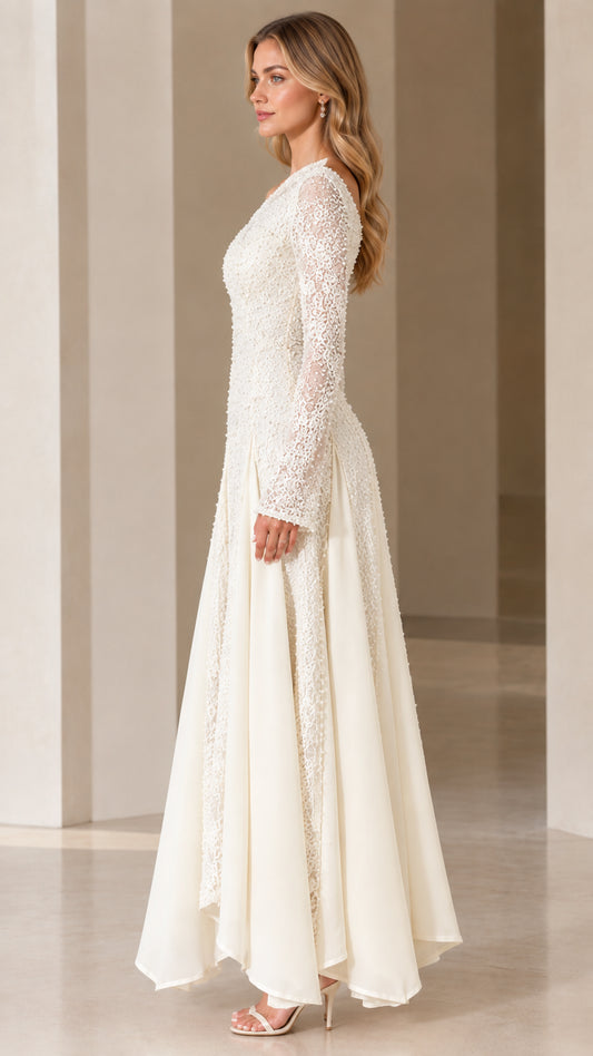 Side view of Ivory long-sleeve lace evening gown showing elegant drape