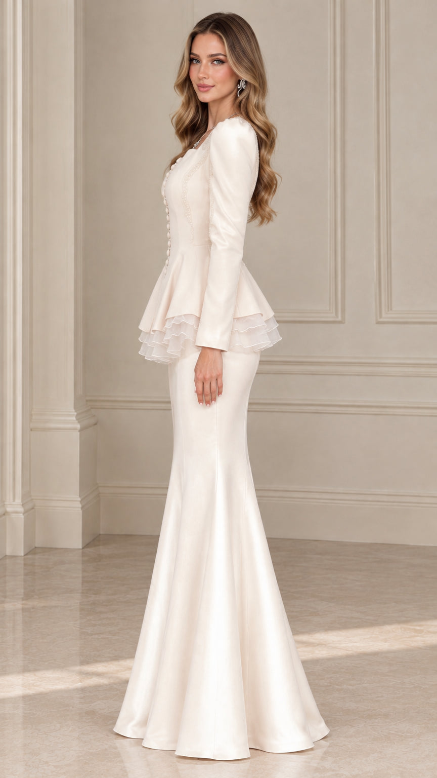 Ivory formal two-piece peplum gown set side angle view