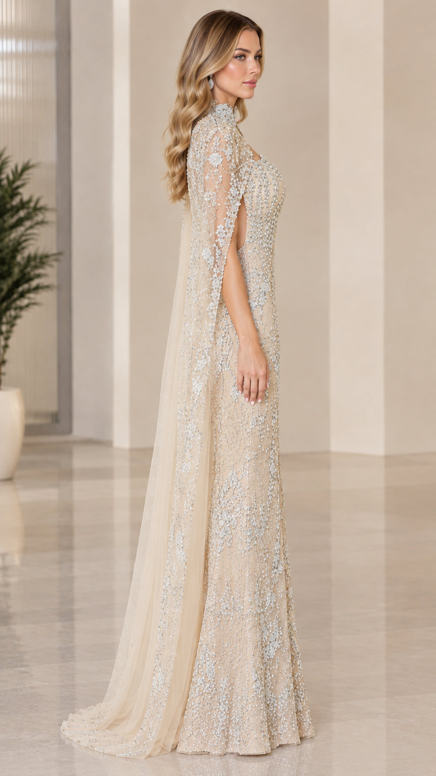 Champagne sequin cape formal gown side profile view