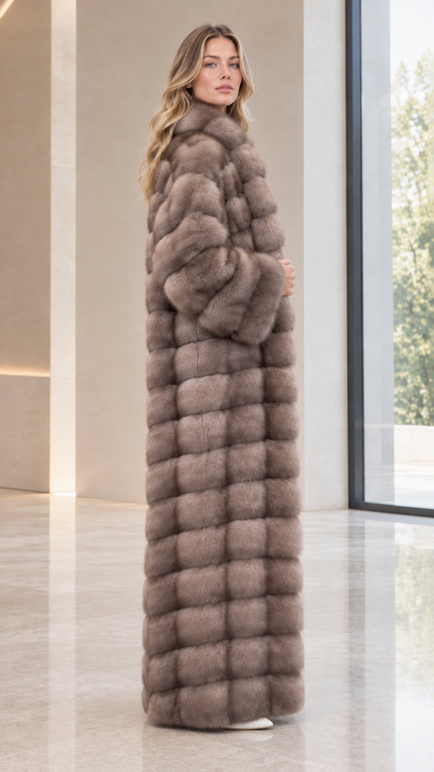 Side profile view of woman wearing taupe floor-length faux fur overcoat