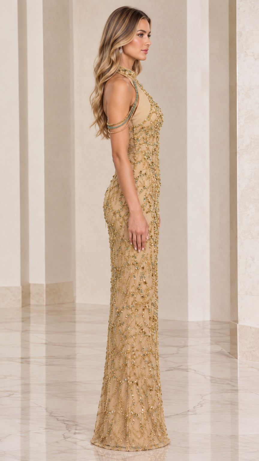 Champagne Gold sequin halter formal dress side view