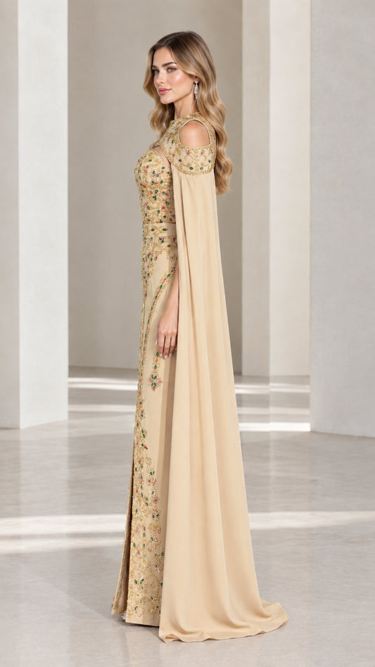 Champagne beaded cape evening gown side profile view