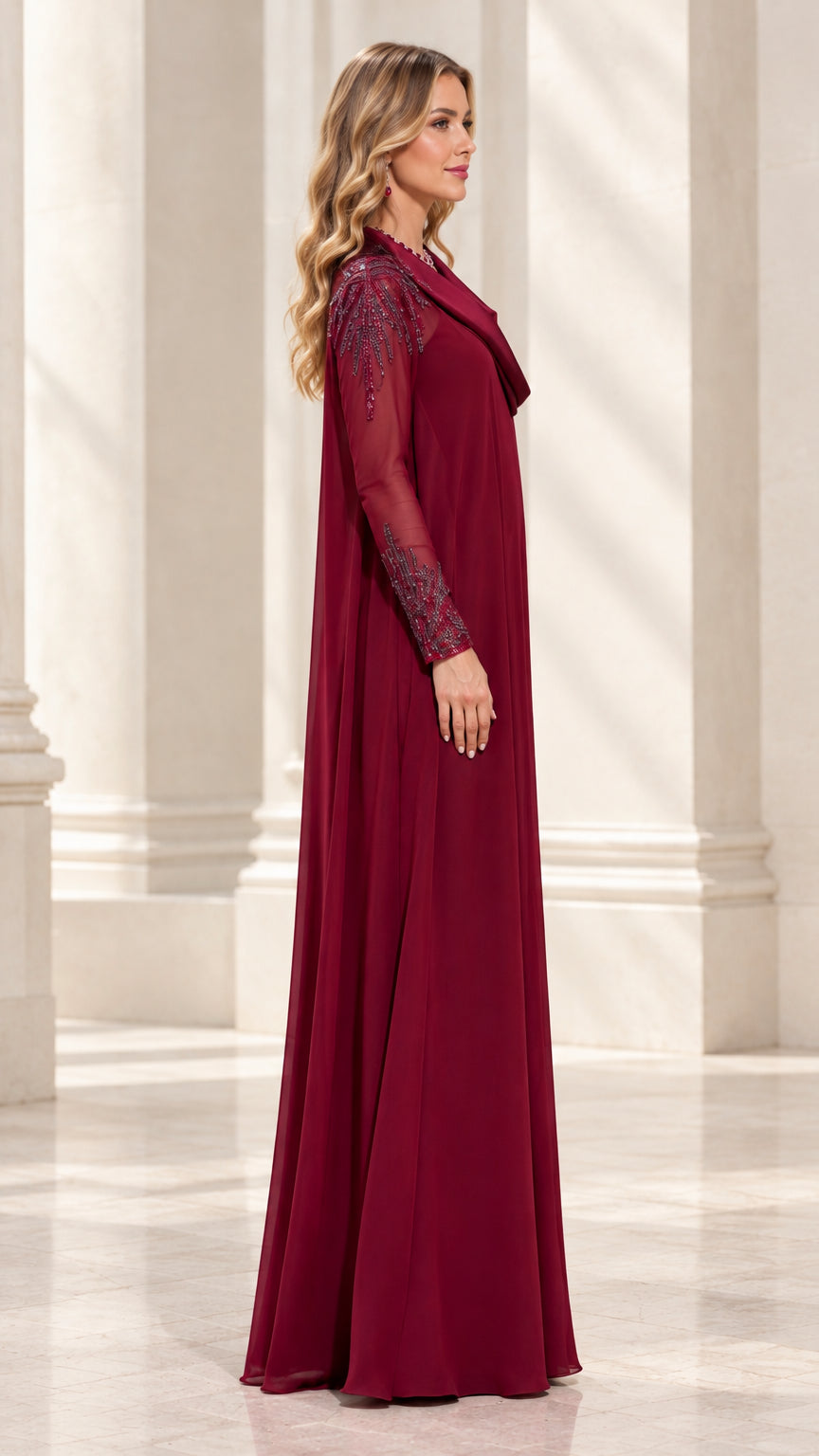 Burgundy evening gown with cape sleeves side profile view
