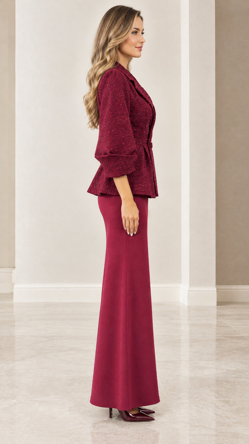 Burgundy two-piece formal evening skirt suit side profile view