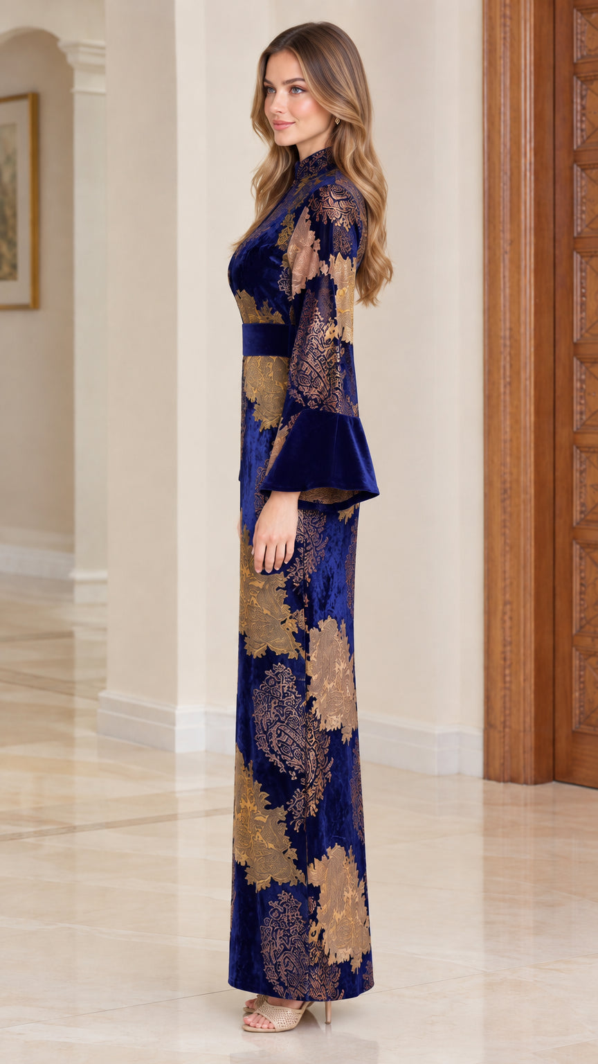 Side profile view of royal blue floral jacquard velvet evening dress