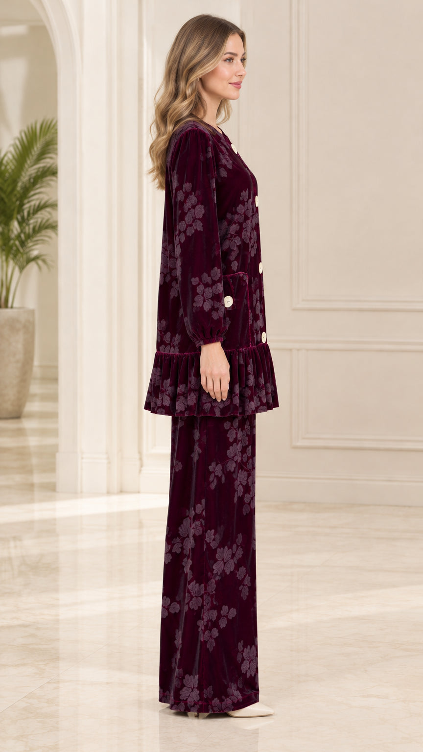 Side profile of model in burgundy velvet two-piece tunic and wide leg trousers set