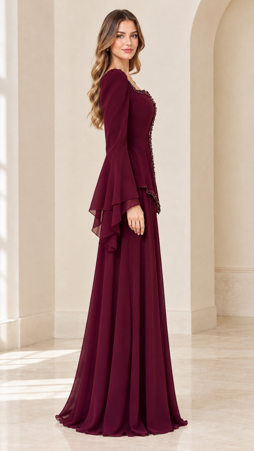 Burgundy formal maxi dress with beaded trim side profile view