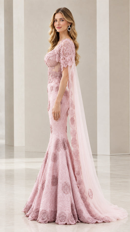 Side profile of dusty rose mermaid formal gown with flowing train and cape