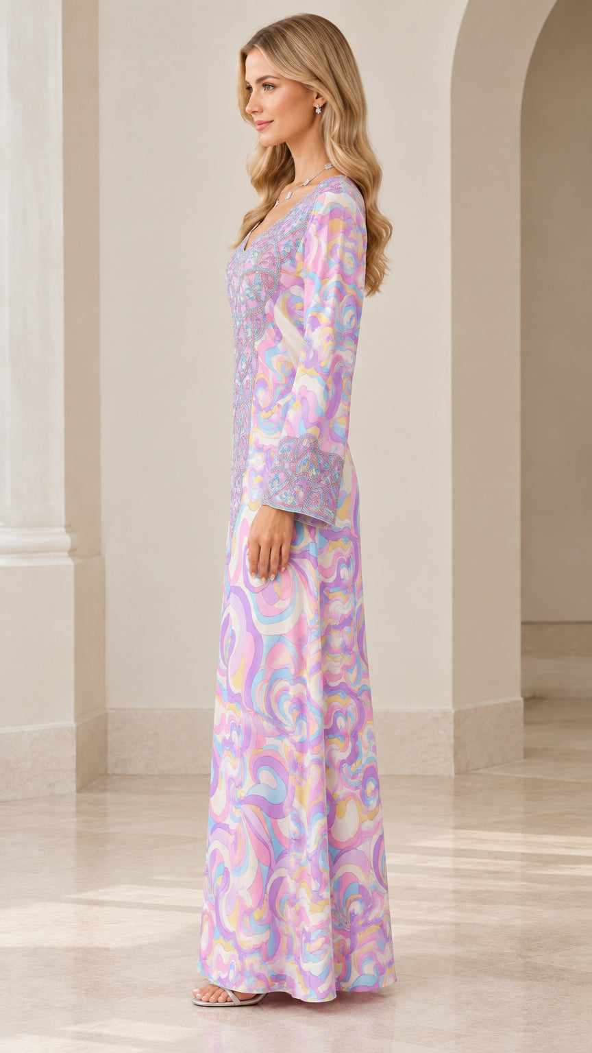Side profile view of model wearing Lavender Multi swirl print maxi dress