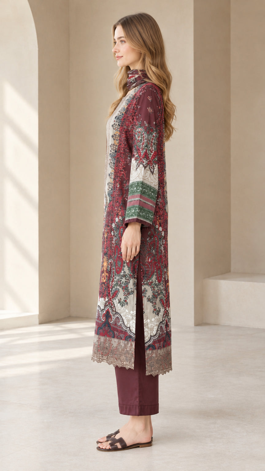 Side profile of model wearing burgundy printed tunic top and cropped trousers