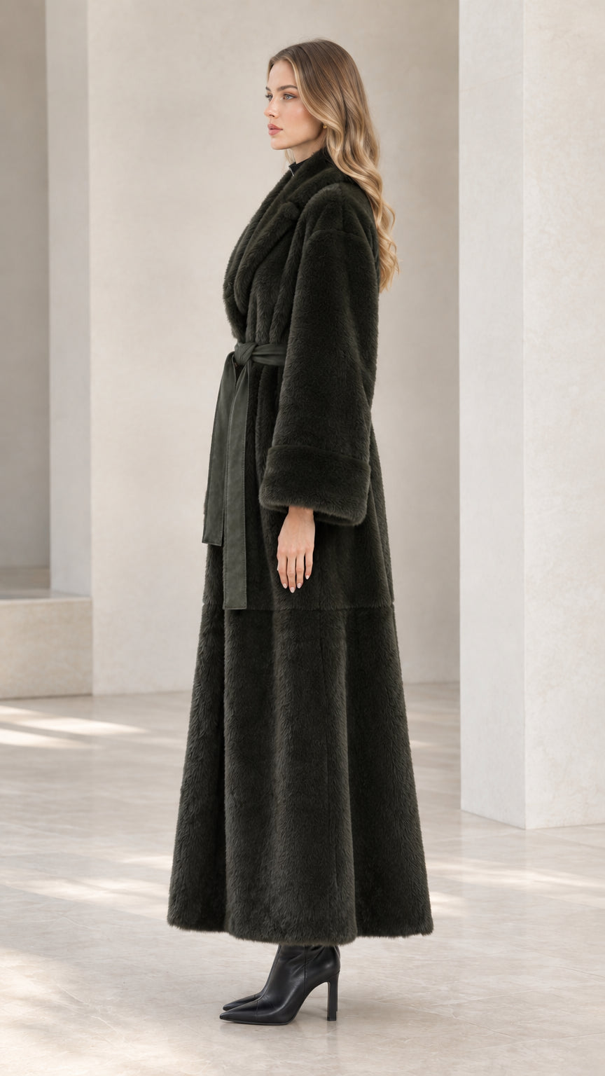 Side profile of dark green floor-length plush coat