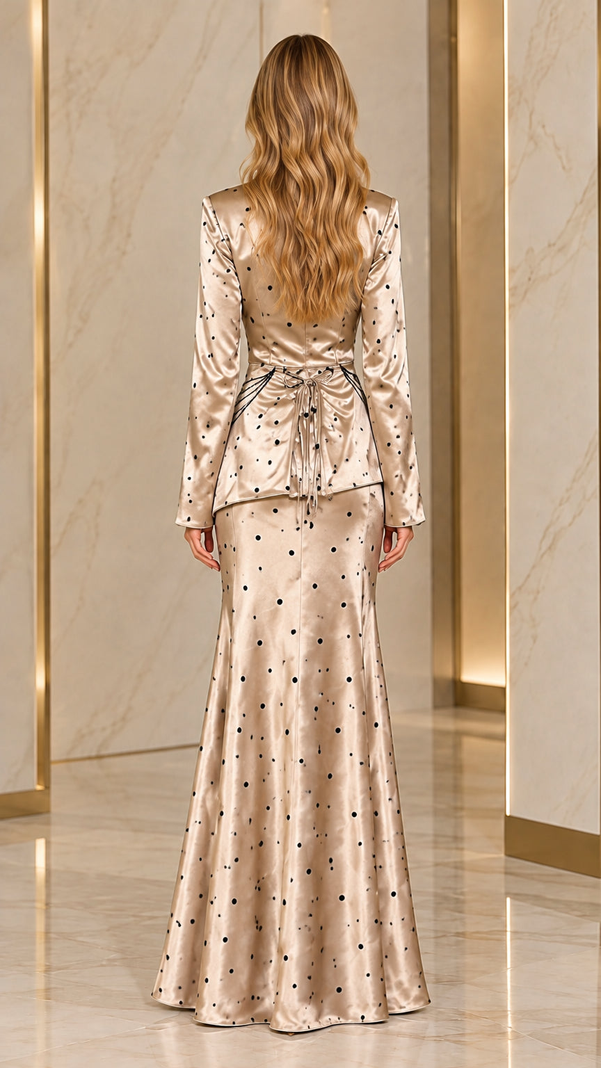 Champagne polka dot satin long sleeve evening dress back view