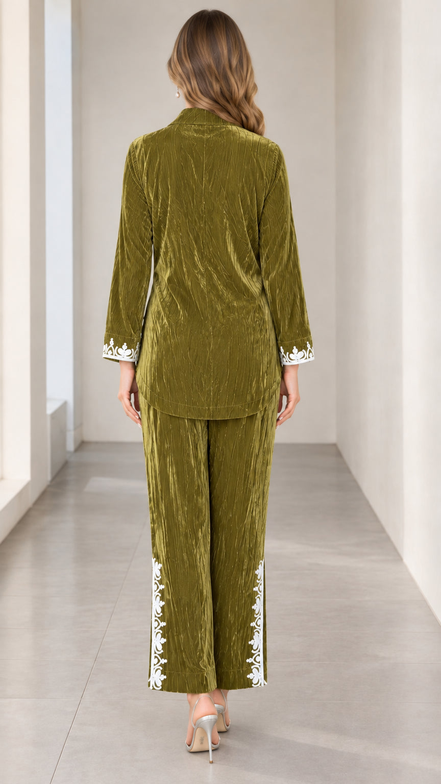 Back view of olive green crushed velvet tunic and matching pants set