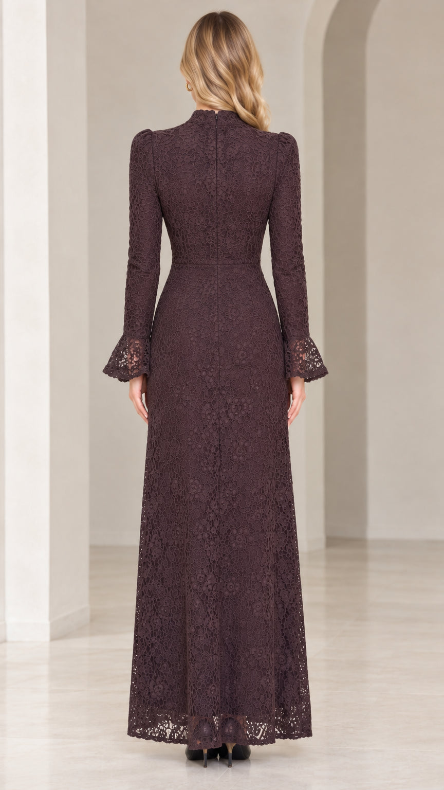 Back view of model wearing espresso floor-length lace gown with flared cuffs