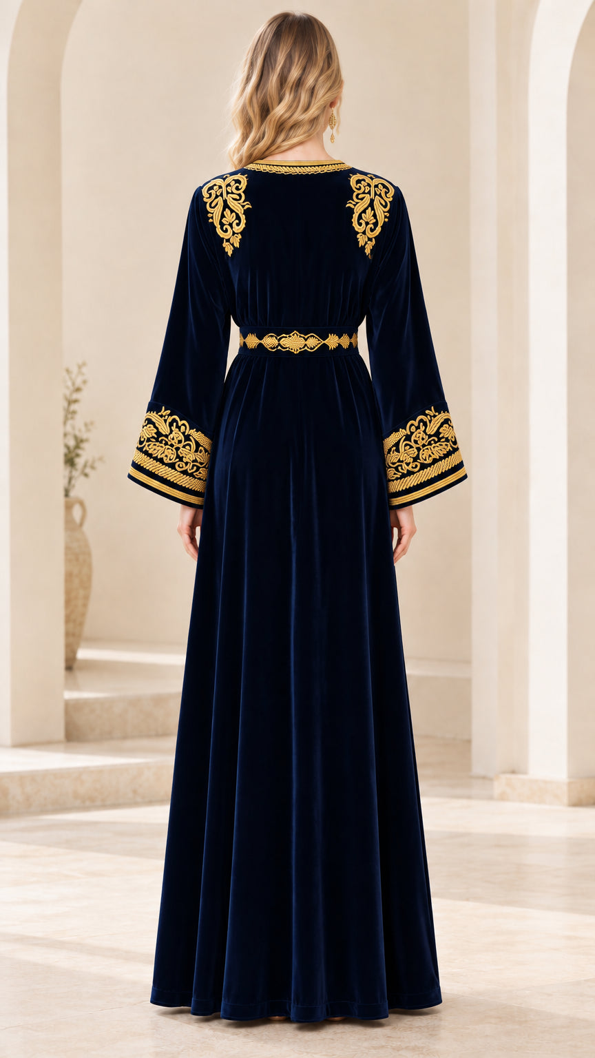 Back view of Navy Blue velvet kaftan showing gold shoulder accents