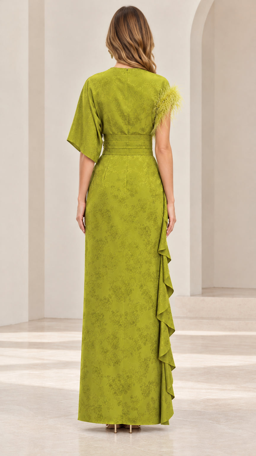 Back view of model in olive green floor-length formal maxi dress with defined waist