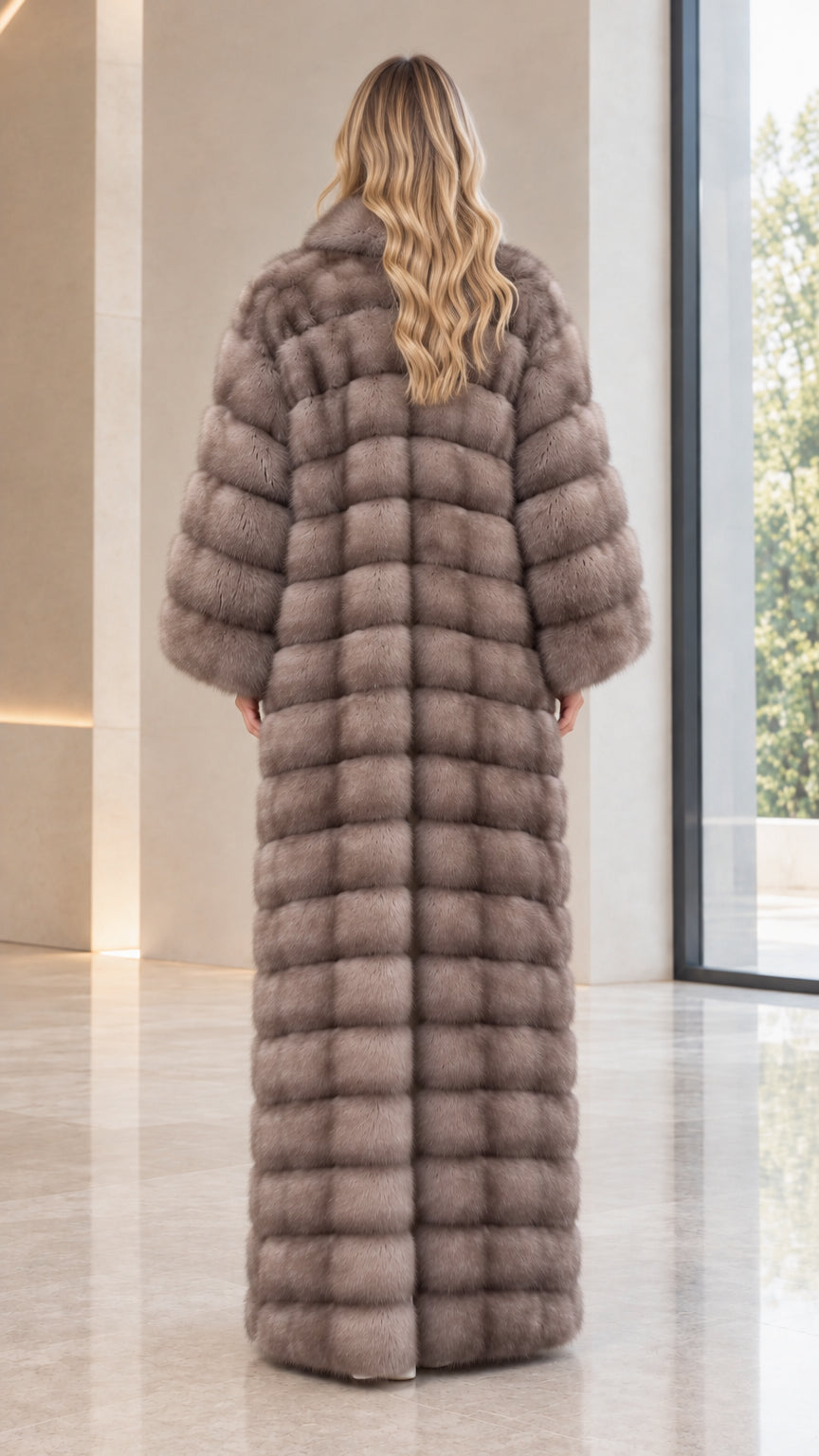 Back view of woman wearing taupe tiered faux fur full-length coat