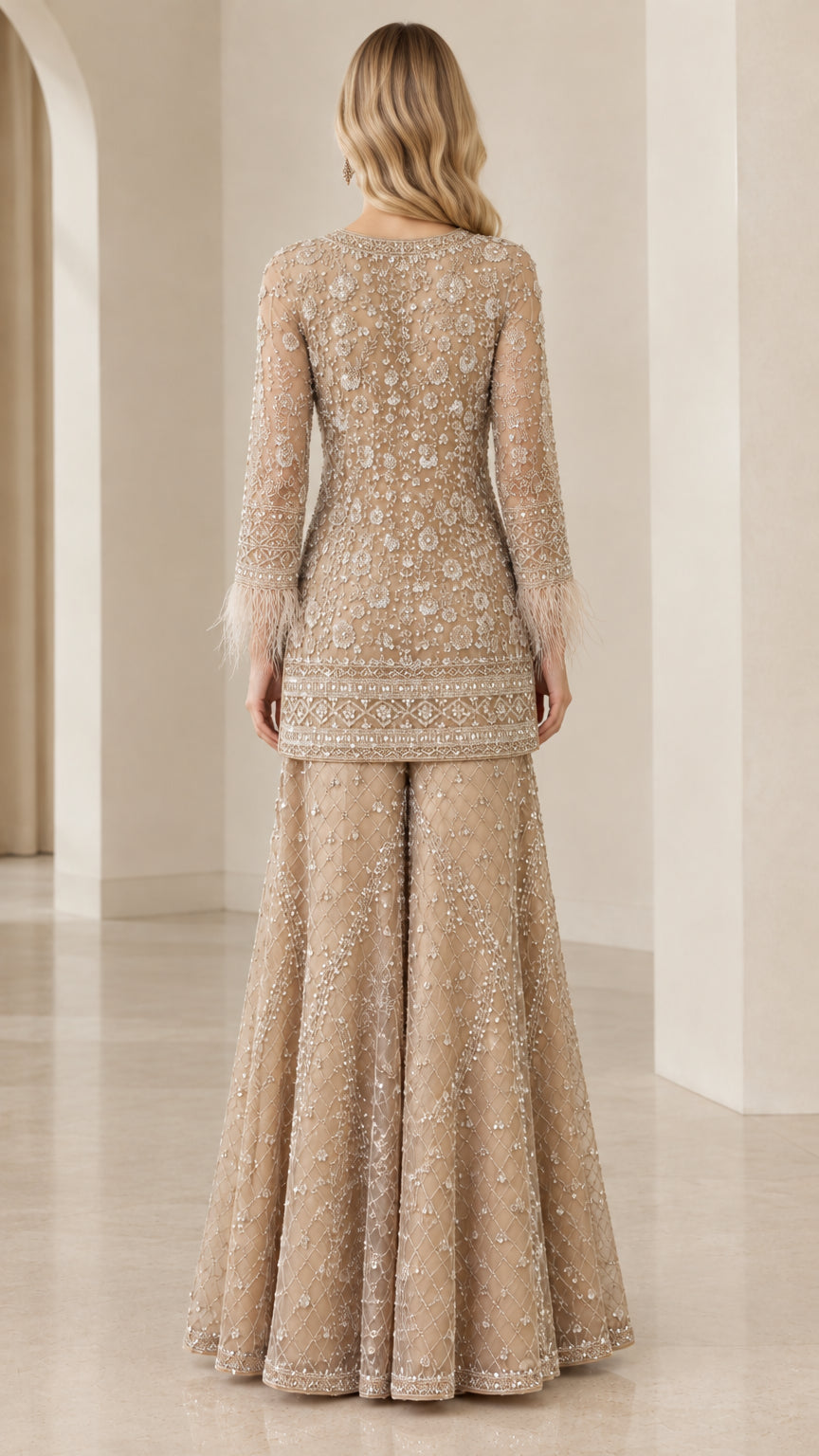 Back view of champagne formal evening tunic and wide-leg trousers