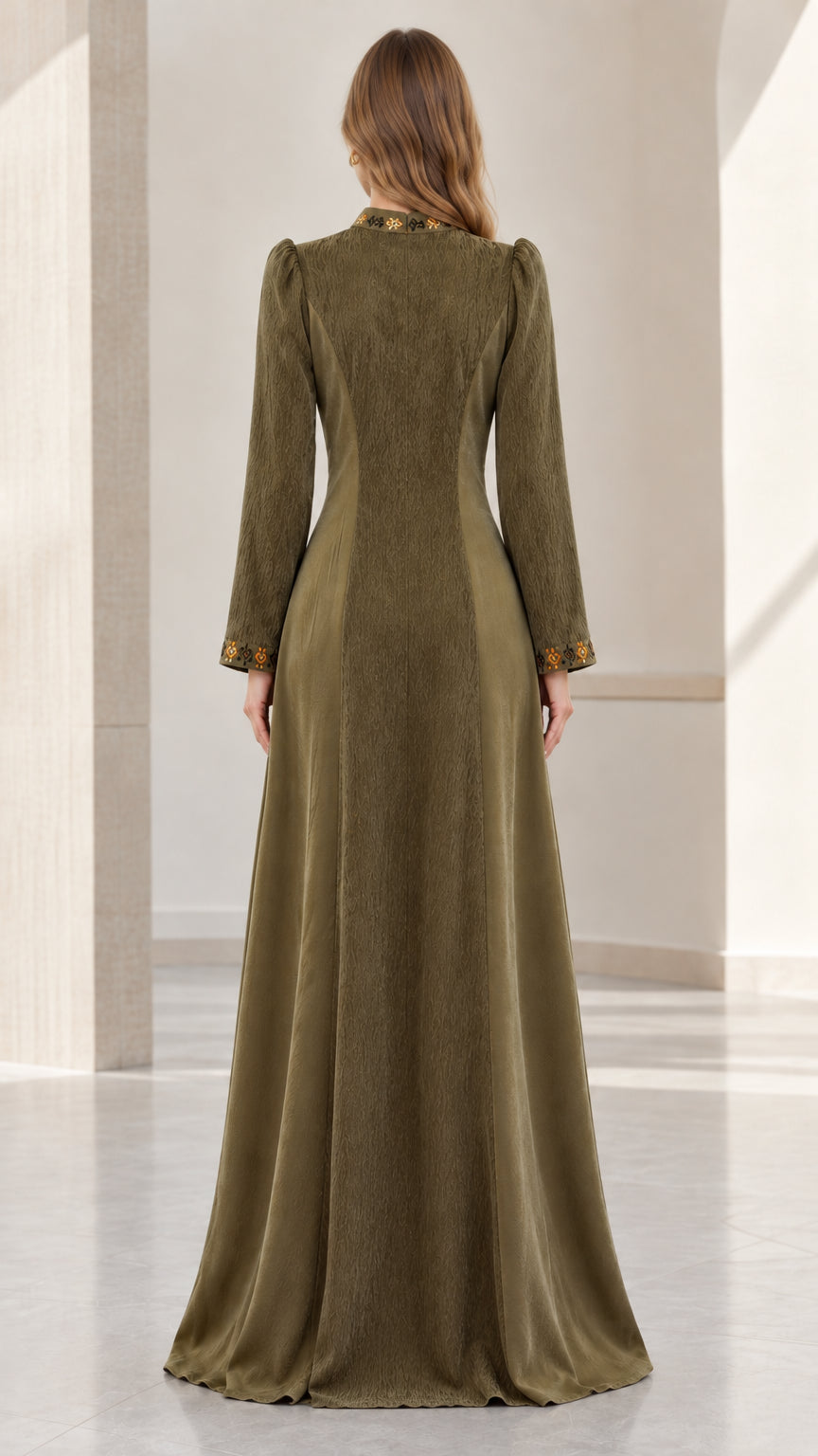 Back view of woman wearing floor-length olive green modest maxi dress