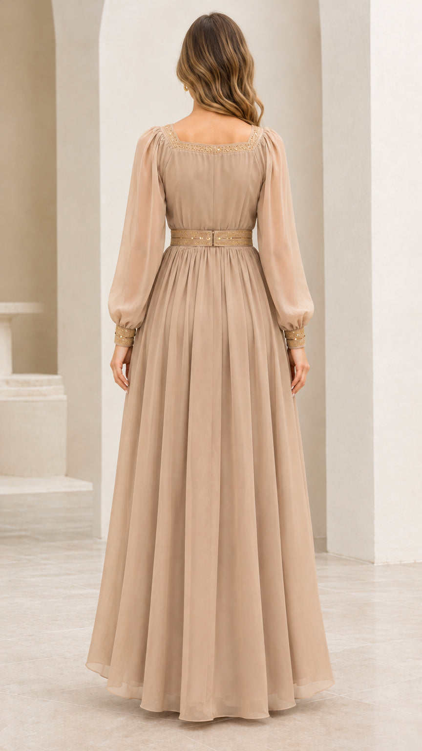 Back view of Champagne square neck long sleeve maxi dress showing fitted waist