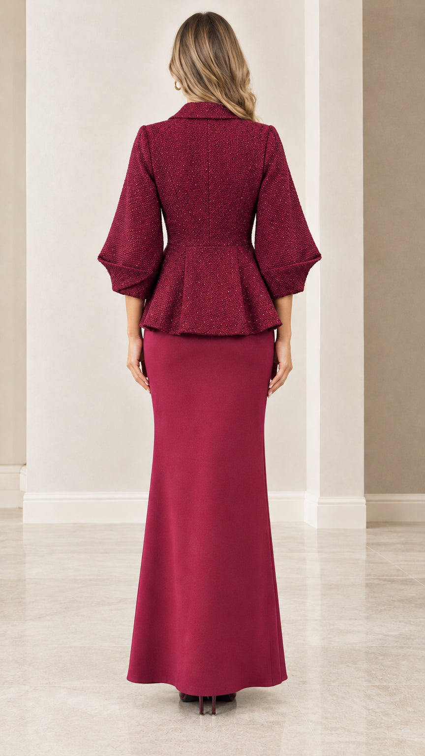 Burgundy formal peplum jacket and long skirt back view