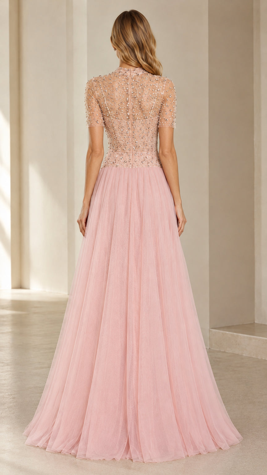 Back view of woman in Dusty Pink short sleeve beaded evening gown